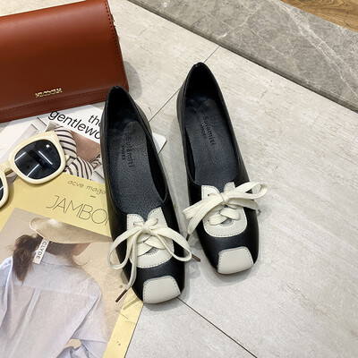 

Shoes Womens Trendy Shoes Autumn Korean Edition Square Head Coloured Lace-up Single Shoes Retro-English Style Low-heeled Womens