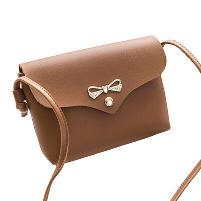 

Simple Solid Color Women Bowknot Decor Flap Faux Leather Crossbody Shoulder Bag