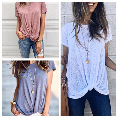 

Cross-border for summer 2019 hot new products fun knotted casual short-sleeved round neck female T-shirt 101037 white