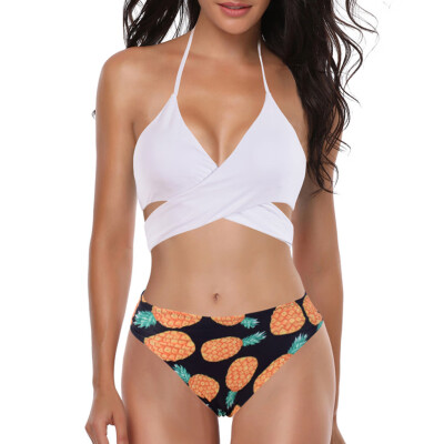 

Roseonmyhand Women Padded Halter Sexy Lace-up Pineapple Print Beach Suit Bikini Swimwear