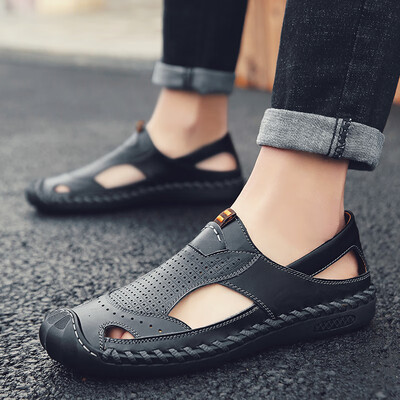 

Summer hollow hole casual shoes mens non-slip soft bottom driving shoes youth work English business leather sandals