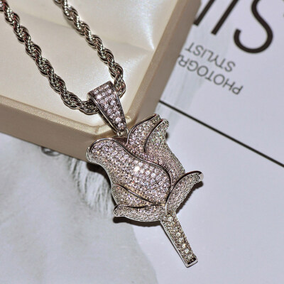 

Fashion Flower Petals Necklace Pendant Iced Zircon Mens Hip Hop Jewelry