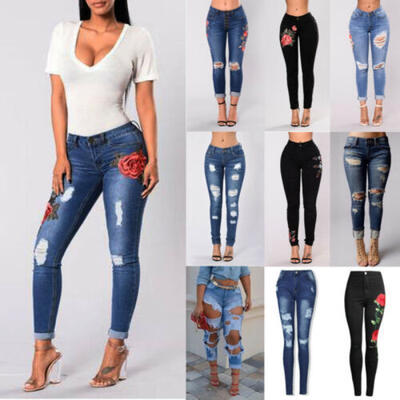 

Womens High Waist Ripped Denim Jeans Embroidered Skinny Slim Stretch Trouser