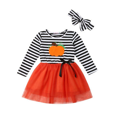 

2PCS Kids Girls Pumpkin Strip Long Sleeve Top DressHeadband Party Tutu Dress