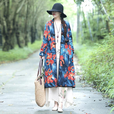 

Vintage Women Winter Floral Print Longline Coat V Neck Long Sleeve Buttons Pocket Fluffy Warm Thick Parka Outerwear