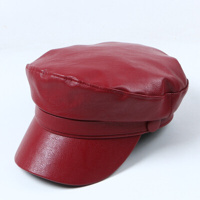 

Hat women berets pu leather autumn&winter Korean Japanese flat-topped navy hat breathable England retro octagonal hat net red