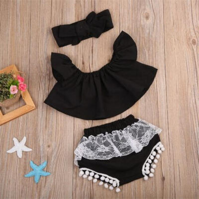 

3PCS Baby Kids Girls Outfit Off Shoulder Crop Tops TankShorts Pants Clothes Set