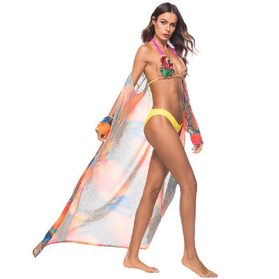 

Fashion Women Leopard Print Chiffon Cardigan Bikini Cover Up Long Sleeve Beach Boho Outwear Maxi Coverups