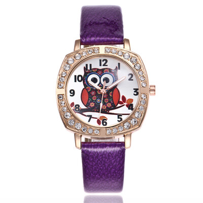 

Lady cute owl cartoon watch square dial with diamonds English table