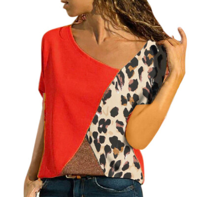 

Roseonmyhand Plus Size Women Asymmetric Neck Patch Pocket Color Block Leopard T-Shirts