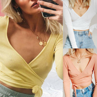 

Women Bandage Crop Top Tee T-Shirt Summer Deep V Beach Holiday Casual Blouse