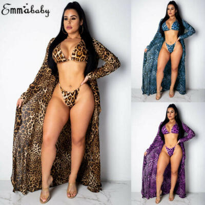 

3PCS Mujer Leopardo Bikini Beach traje de baño cubrir traje Candigan