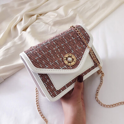 

2019 new simple contrast color line woven bag temperament chain Messenger bag female fashion wild personality shoulder bag