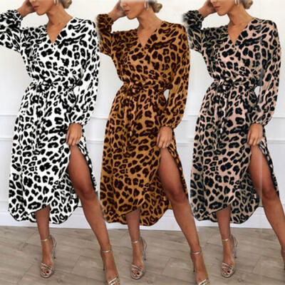 

Fashion Women Leopard Print V Neck Wrap Dress Ladies Long Sleeve Midi Dress