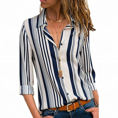 

Suit collar single-breasted long-sleeved vertical stripes casual modern blouse top