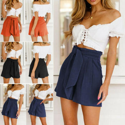 

US Women Summer Pants Stylish Loose Shorts Belt Beach High Waist Short Trousers