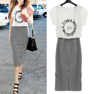 

Womens letter print stripe stitching short sleeve long dress pencil skirt