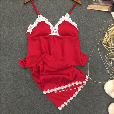 

Summer Women Sexy Lace Pajamas Silk Pijamas Sleepwear Deep V Sling Lingerie Set