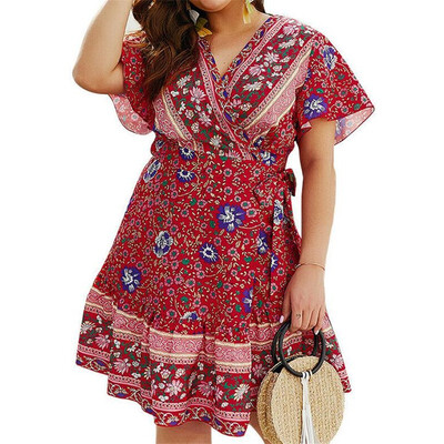 

Women Wrap Summer Boho Floral Mini Print Dress Ladies Holiday Beach Plus Size