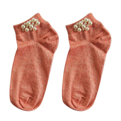 

Fashion Shimmers Faux Pearl Beading Breathable Cotton Women Elastic Short Socks