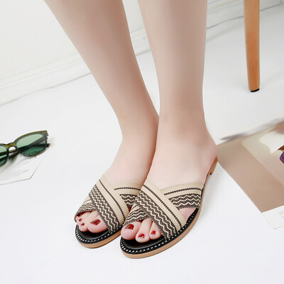 

Rose Womens Striped National Style Slippers Cross-Woven Roman Style Beach Flip-Flops