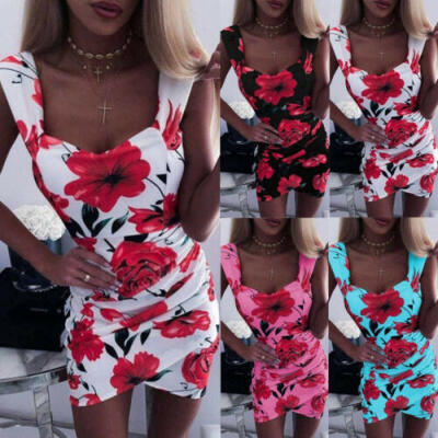 

Fashion Women Sleeveless Button Bodycon Floral Sundress Summer Midi Dress