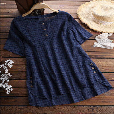 

Women Tops Ladies Blouse Beach Summer Button Front Hirts Fashion Checked