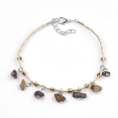 

Handmade Braided Raffia Anklets Lucky Raffia with Chip Tiger Eye & Silver Lined Seed Beads Iron Lobster Clasp&Extender Chai