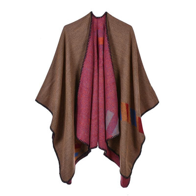 

Women Poncho Cardigan Sweater Contrast Color Block Geometry Cashmere Capes Shawl Scarf Outerwear