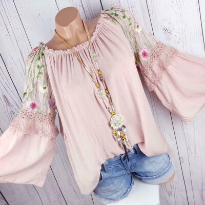 

Plus Size Women Retro Boho Floral Blouse Long Bell Sleeve Top Ladies Tunic Shirt