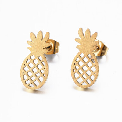 

304 Stainless Steel Stud Earrings Hollow Pineapple Golden 16x75x15mm Pin 08mm