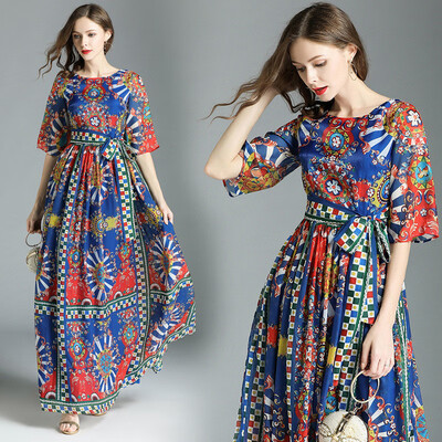 

DFYOP New Style European And American Temperament Long Dress Broken Flower Chiffon Dress