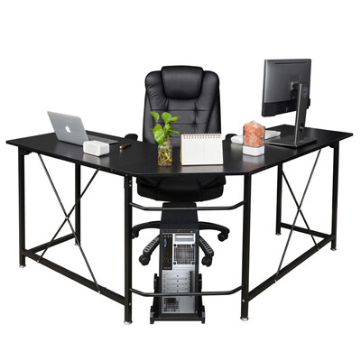 

Shaped Durable Wood Splicing Computer Desk with Hook Black