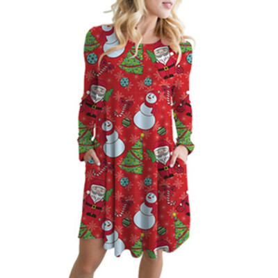 

Tailored Fashion Women Chrismas Santa Claus Print Pocket O-Neck Long Sleeves Dress