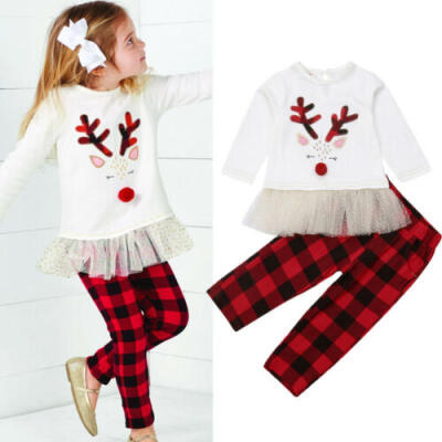 

US Christmas Kids Baby Girls Tutu Dress TopsPlaid Long Pants 2pcs Outfits Set