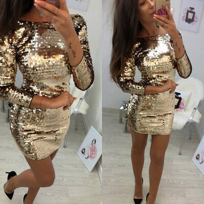 

〖Follure〗Women Sexy Solid Sequined Stitching Shining Club Sheath Long Sleeved Mini Dress