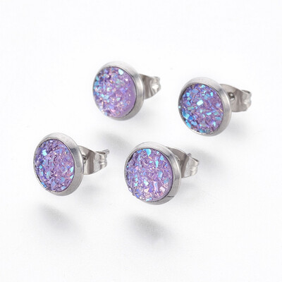 

304 Stainless Steel Stud Earrings with Resin Druzy Flat Round Lilac 14x10mm Pin 08mm