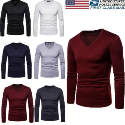 

US Mens Slim Fit V-Neck Muscle T Shirt Long Sleeve Plain Top Autumn Winter Gym