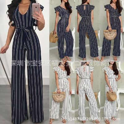 

Cross-border special supply source hot 2 color fashion Slim lace sexy striped V-neck jumpsuit 03 Blue
