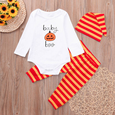 

Newborn Baby Romper Tops Pumpkin Prin Striped Pants Cap Halloween Clothes Sets