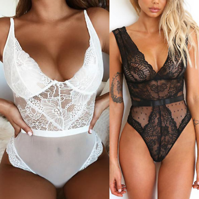 

Women Ladies Sexy V-neck Plunge Bodysuit Lace Floral Party Backless Leotard Top