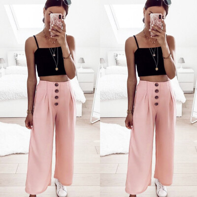 

Fashion Summer Women Solid Button Workout Beach Easy Loose Broad-legged Pants