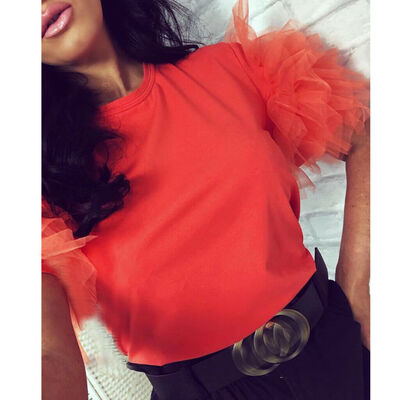 

Women Summer Mesh Tulle Ruffle Short Sleeve T Shirt Ladies Loose Casual Blouse Top