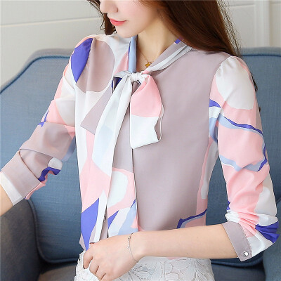 

New 2018 Autumn Women blouse Printing chiffon bottoming shirt long sleeve women top