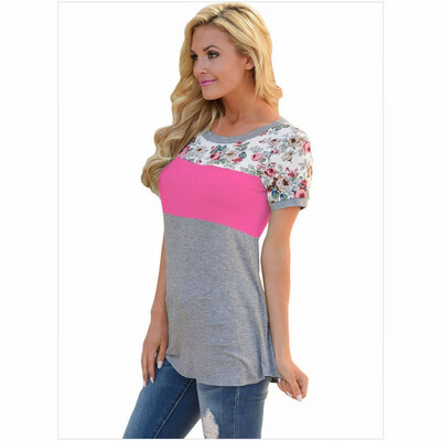 

Three-layer color block round neck short-sleeved floral print straight T-shirt top
