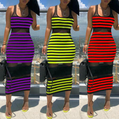 

Womens Sleeveless Bandage Bodycon Evening Party Cocktail Club Striped Midi Dress