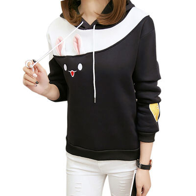 

Women Rabbit Embroidered Hoodies Casual Loose Patchwork Color Hooded Tops Warm Long Sleeve Pullovers