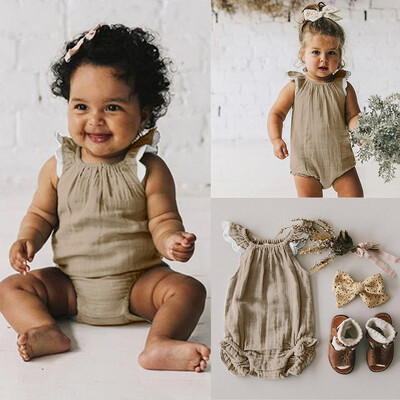 

Infant Baby Girls Fly Sleeve Lace Solid Print Ruffles Romper Bodysuit Clothes