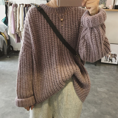 

Retro Autumn Winter Knitted Sweater For Women Loose Long Sleeve Solid Color Long Sweater Pullovers