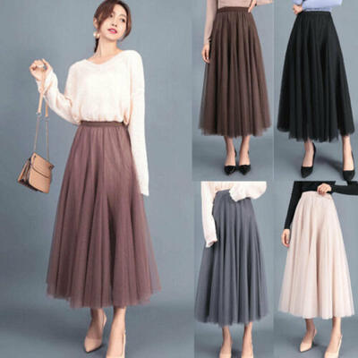

Women High Waist Pleated Tulle Tutu Dress Lady Evening Beach Long Maxi Skirts